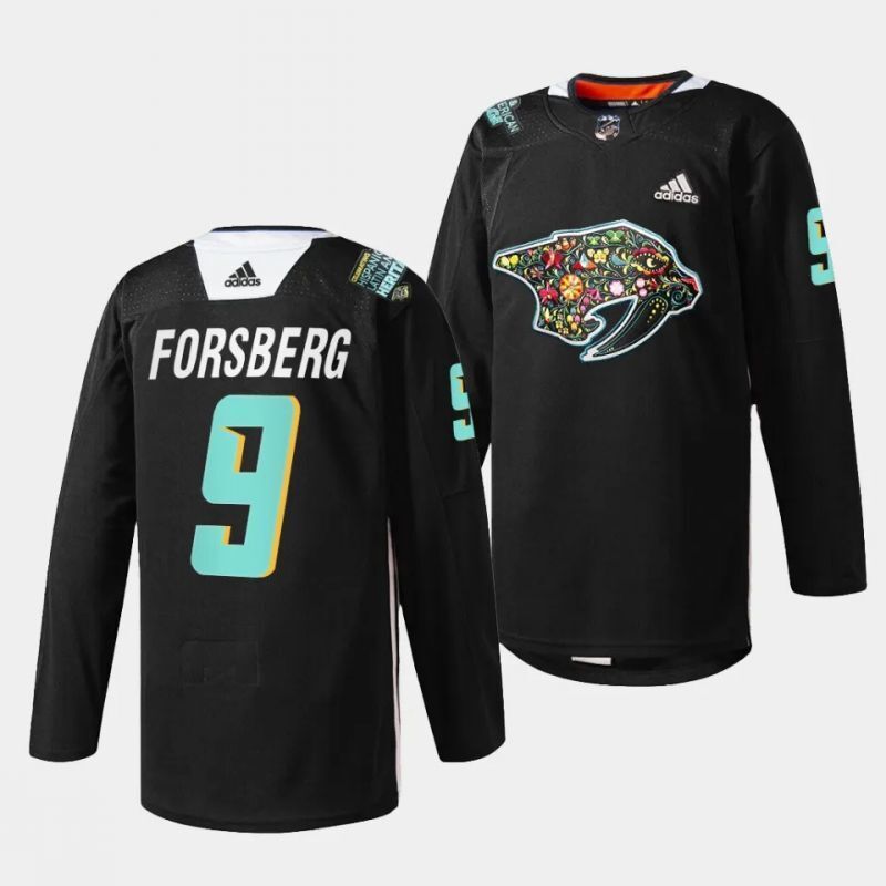 nashville predators #9 filip forsberg 2023 hispanic heritage night black jersey