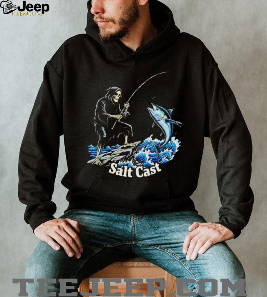 Salt Cast Fishing Grim Reaper Skeleton Catching Tuna Graphic T Shirt