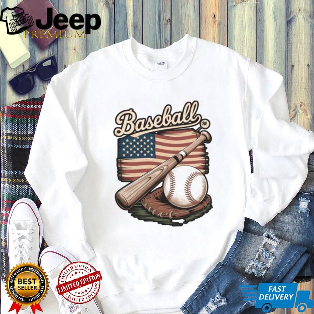 Vintage American Flag Baseball Glove and Bat Sports Graphic T Shirt