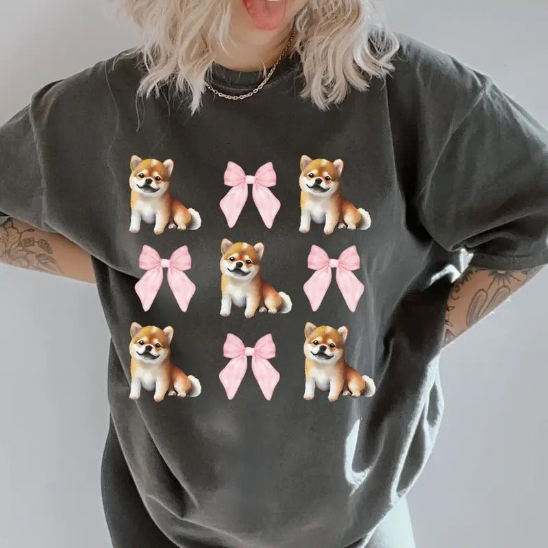 orange shiba inu and bows Shirt~ Unisex Apparel Relaxed Fit Printed In The USA Clothing Womenswear Casual Comfort Cotton Top Athletic Boho Chic