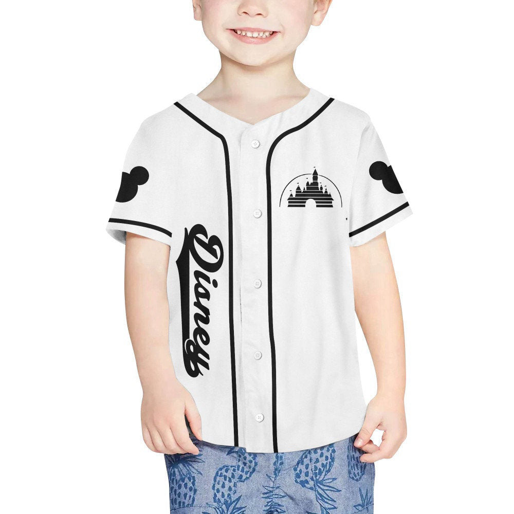 Personalize Mickey Castle Logo White Jersey - Disney Baseball Sports Cute Gifts For Fans - Best Birthday Gift - Bafud