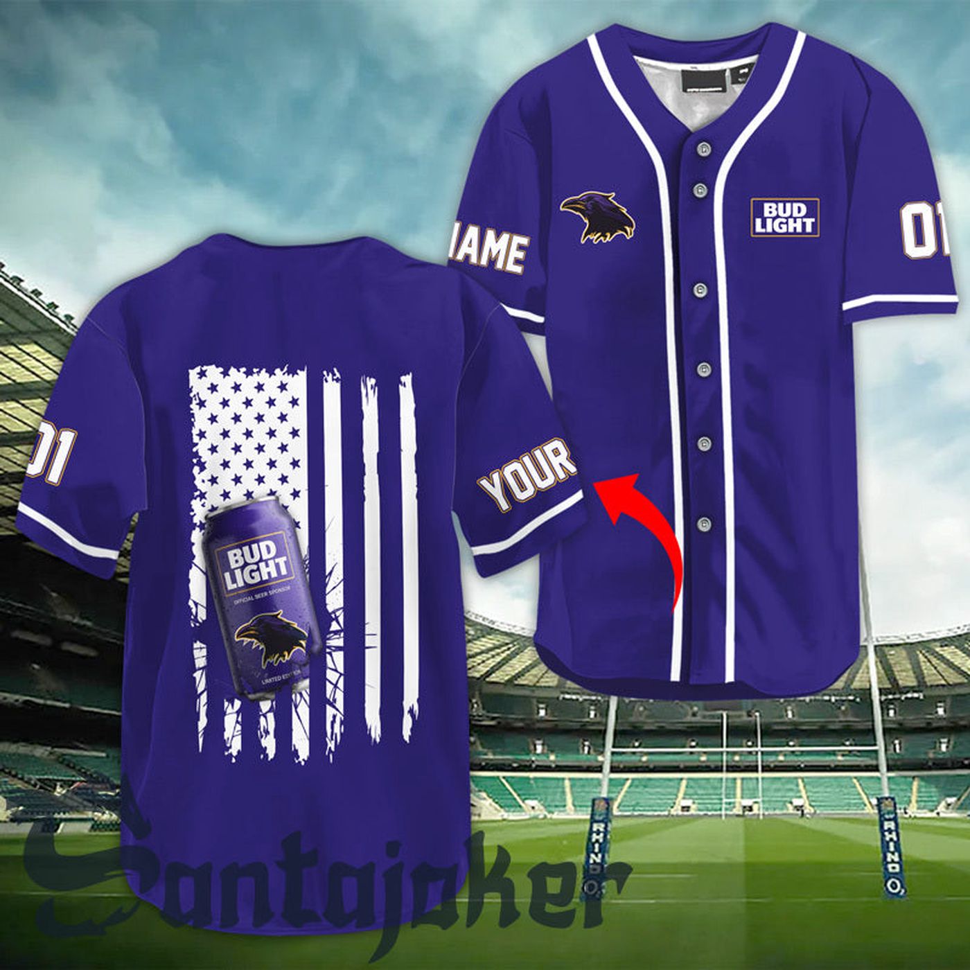 Personalized Bud Light Raven American Flag Baseball Jersey - Gift for Men Women - Gift for Men Women -... (Image 2)