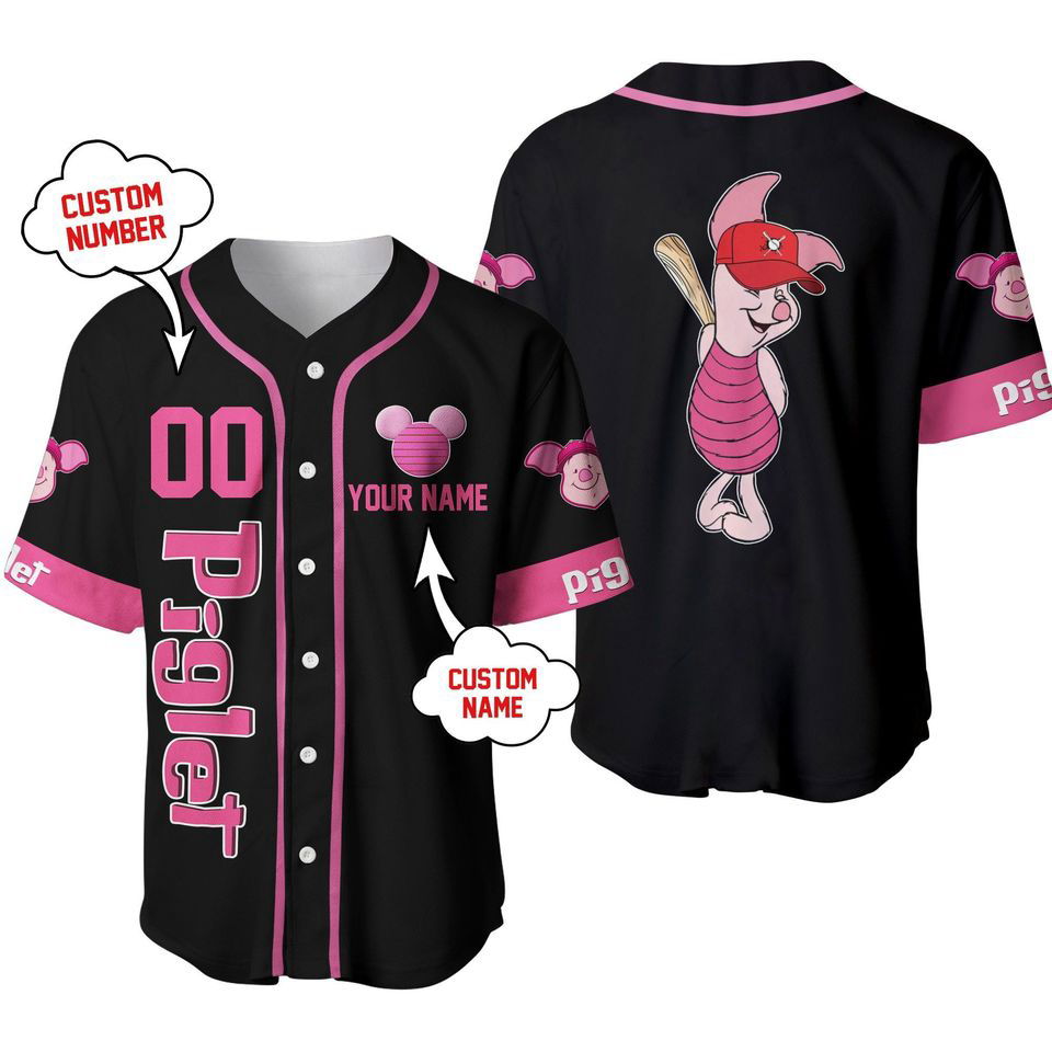 Piglet Winnie the Pooh Black Pink Disney Unisex Cartoon Custom Baseball Jersey - lylyprint.com