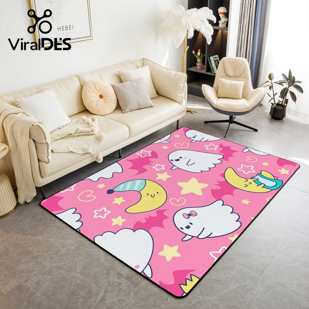 Pink Cartoon Area Rugs for Girls,Cute Stars Moon Carpet