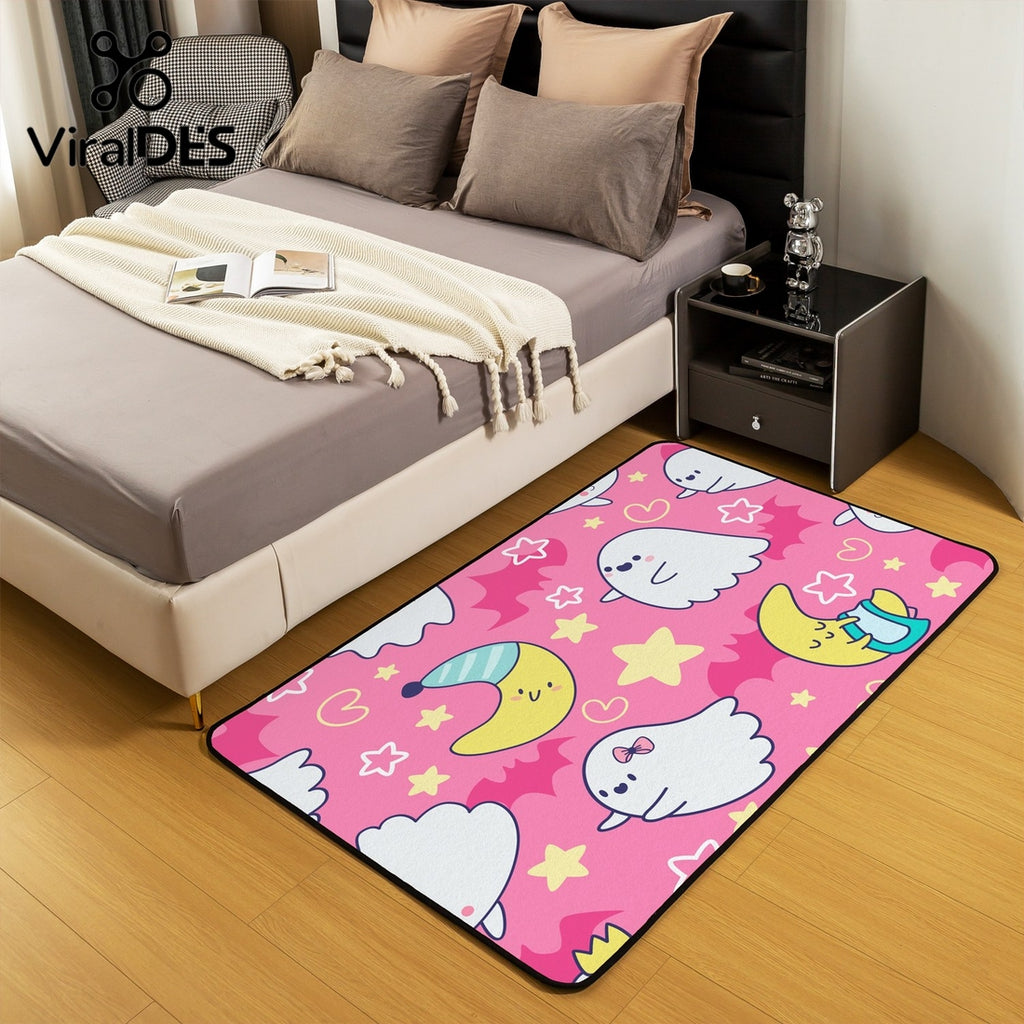 Pink Cartoon Area Rugs for Girls,Cute Stars Moon Carpet
