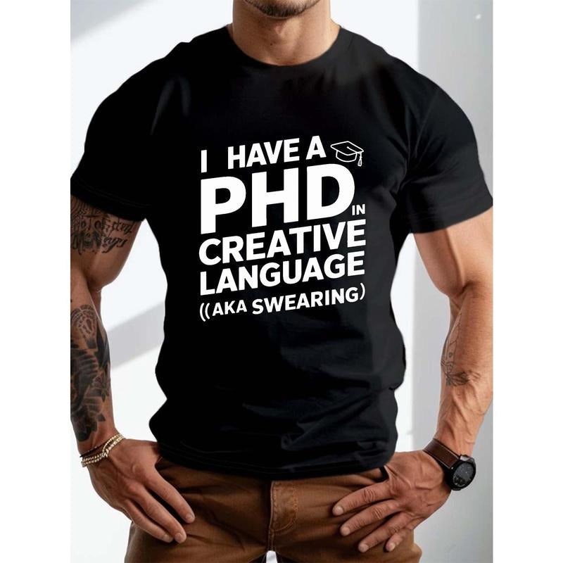 plus size men's summer t-shirt, Creative Language PhD graphic print short sleeve tees trend casual tops for daily life, big & tall guys Made in USA