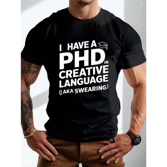 plus size men's summer t-shirt, Creative Language PhD graphic print short sleeve tees trend casual tops for daily life, big & tall guys Made in USA