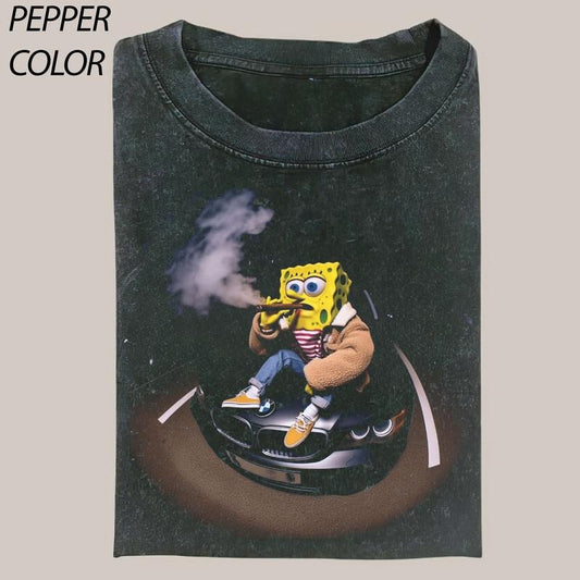 pongeBob SquarePants T-shirt, spongeBob SquarePants sitting in car smoking weed, Drip Cartoon Graphic Tee, Funny T-shirt, Unisex Movie Shirt Menswear