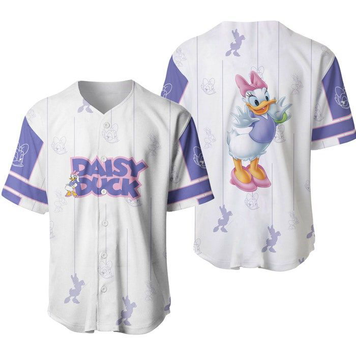 Pretty Daisy Duck White Purple Stripes Patterns Disney Unisex Cartoon Casual Outfits Custom Baseball Jersey Gifts for Fans - lylyprint.com
