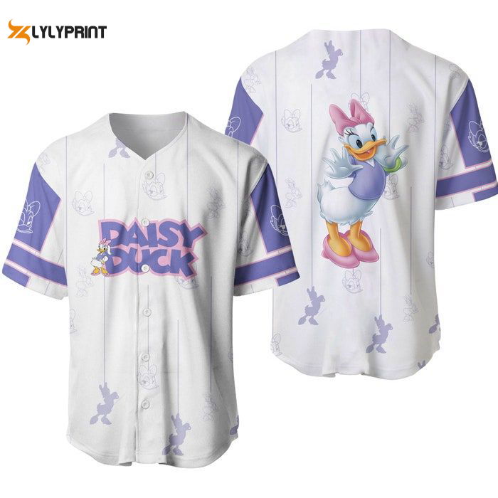 Pretty Daisy Duck White Purple Stripes Patterns Disney Unisex Cartoon Casual Outfits Custom Baseball Jersey Gifts for Fans - lylyprint.com