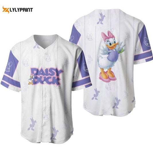 Pretty Daisy Duck White Purple Stripes Patterns Disney Unisex Cartoon Casual Outfits Custom Baseball Jersey Gifts for Fans - lylyprint.com