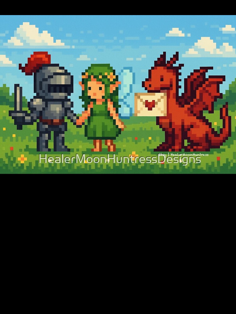 Pixel Knight and Fairy Holding Hands with Dragon and Love Letter – Romantic Fantasy Pixel Art Scene by HealerMoonHuntressDesigns