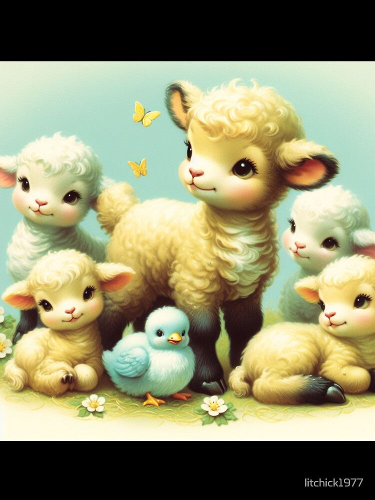 Retro Lamb & Bird | Vintage Kitsch Animal Art for Baby Decor by litchick1977