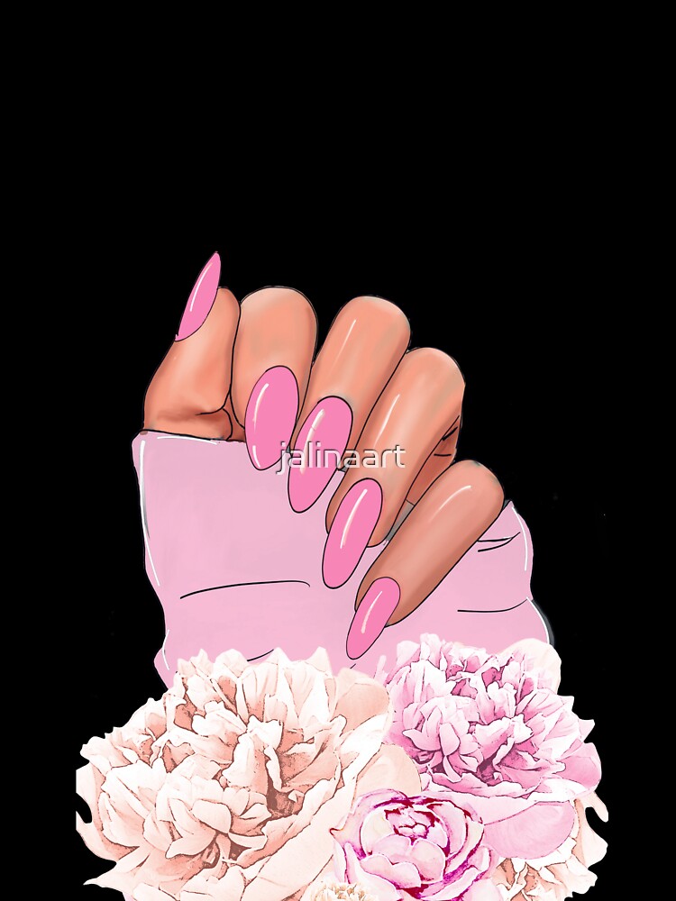 Beautiful feminine hand with pink nails and flowers by jalinaart