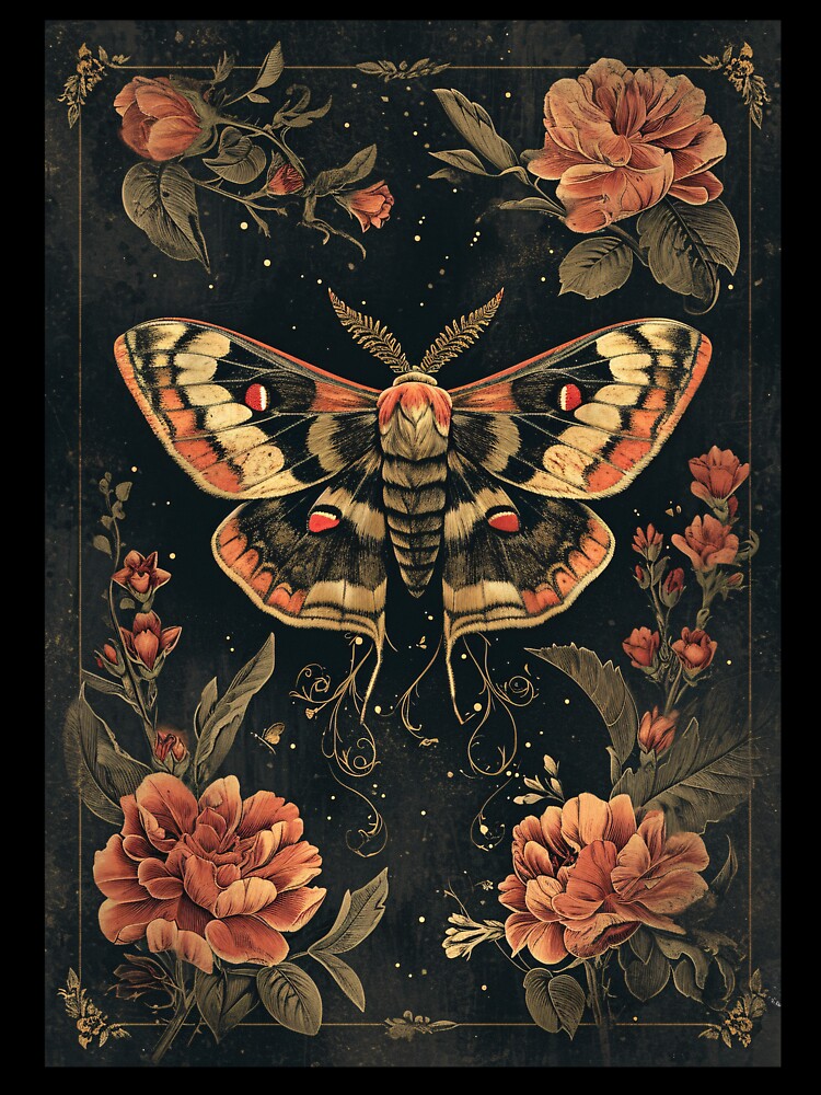 Moth and flowers - dark academia aesthetic - gothic floral feminine vintage old illustration by Fantasy Cache