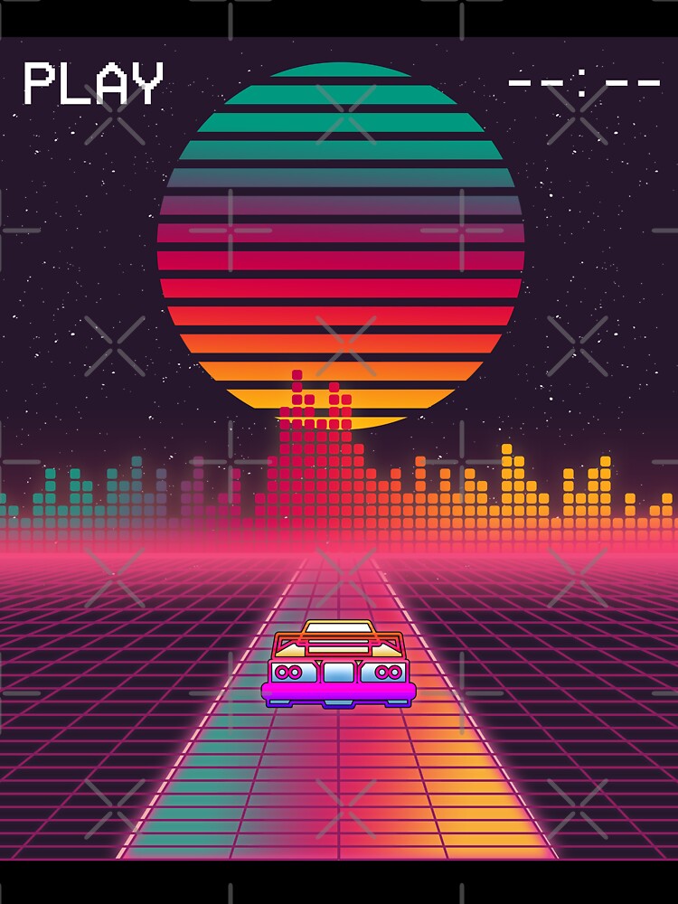 Retro 80s Cyberpunk Synthwave Sunset fast car in Outrun grid design by D-C-Designs
