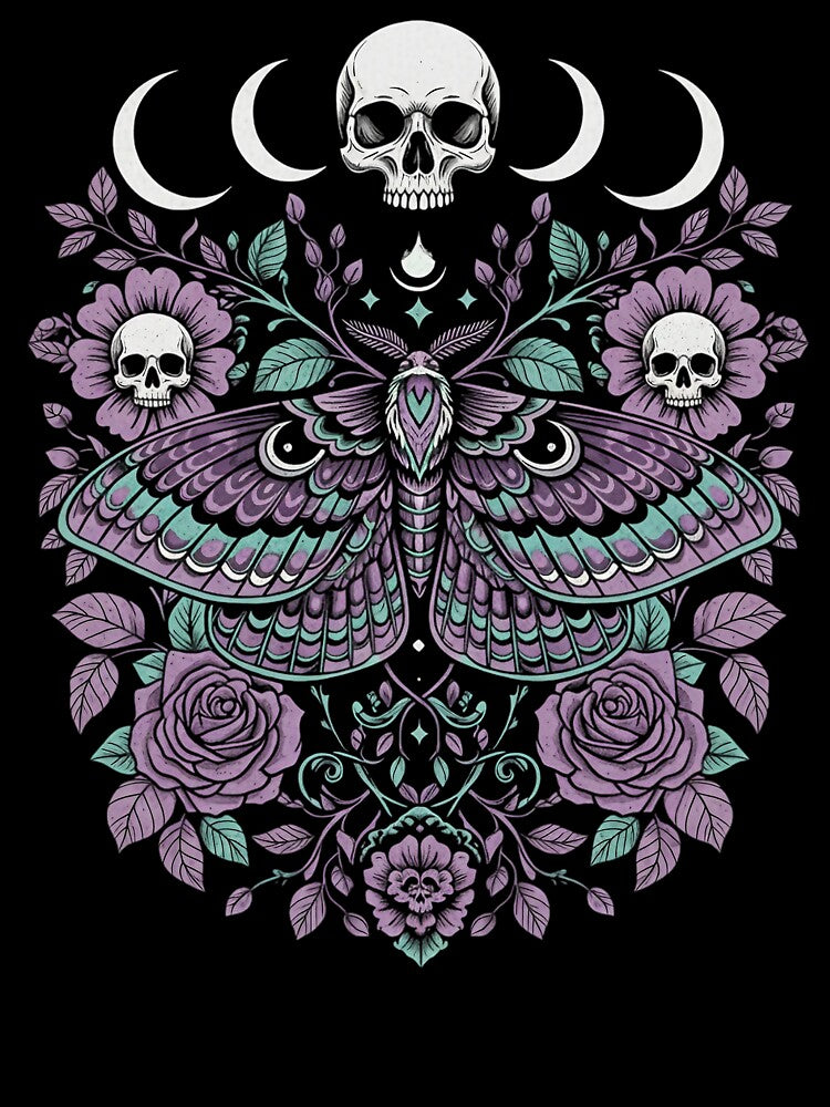 Vintage Celestial Botanical Moth with Pink Blossoms by Nyx Creates