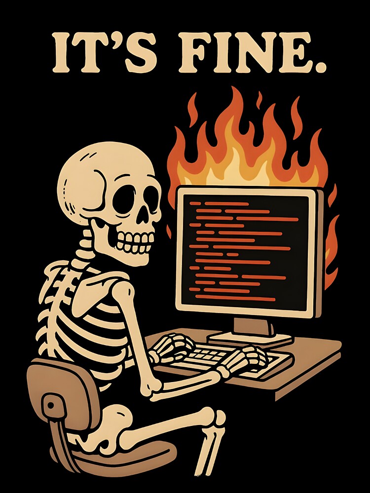 It’s Fine - Sarcastic Skeleton at Computer with Errors on Fire by Graphicarium Shop