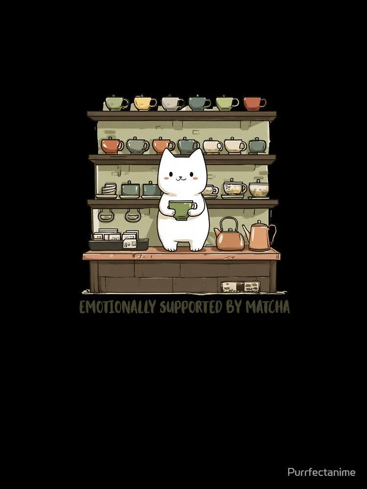 Emotionally Supported by Matcha – Kawaii White Cat Tea Lover Illustration by Purrfectanime