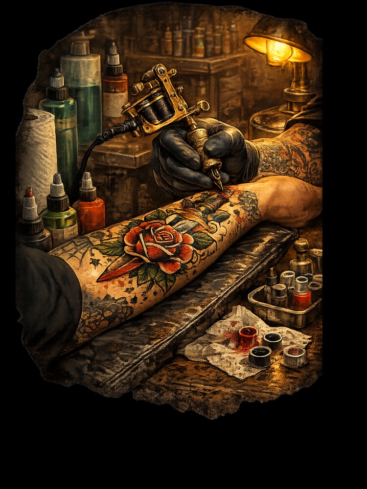 Ink & Blood — Traditional Tattoo Studio Illustration by TheClockOutClub