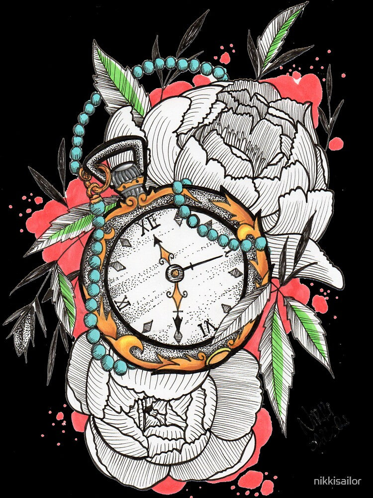Tattoo Pocket Watch with Peonies by nikkisailor