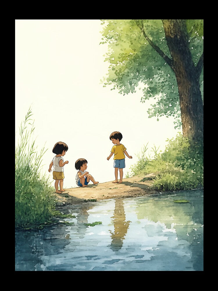 Dreamy Watercolor of Children Playing by the Riverbank by FashionVibefriend
