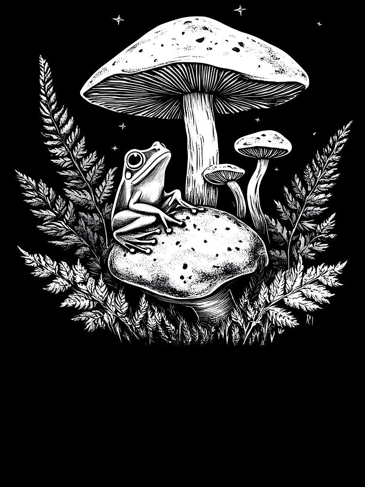 Cottagecore Frog on Mushroom – Goblincore Fern Forest Illustration T-Shirt | Whimsical Nature Aesthetic by Nyx Creates