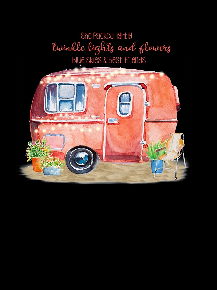 A watercolor vintage camper setting with fun quote for the lover of the glamping lifestyle - "She packed lightly, twinkle lights and flowers, blue skies and best friends". by ReefCoast