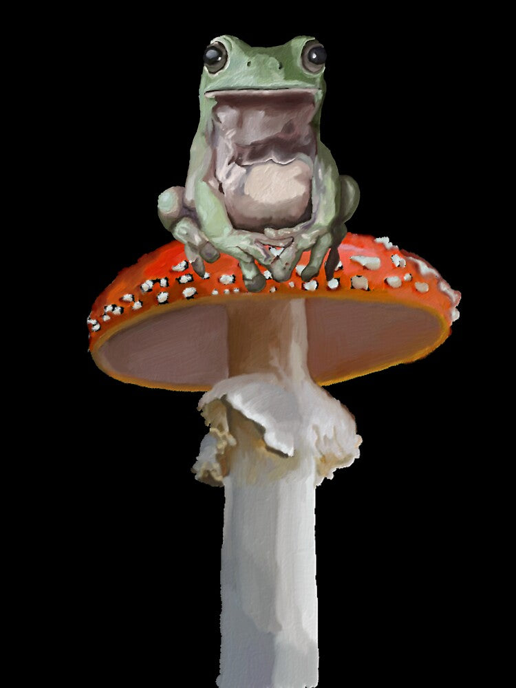 Frog sitting on a mushroom by Gatosenojados