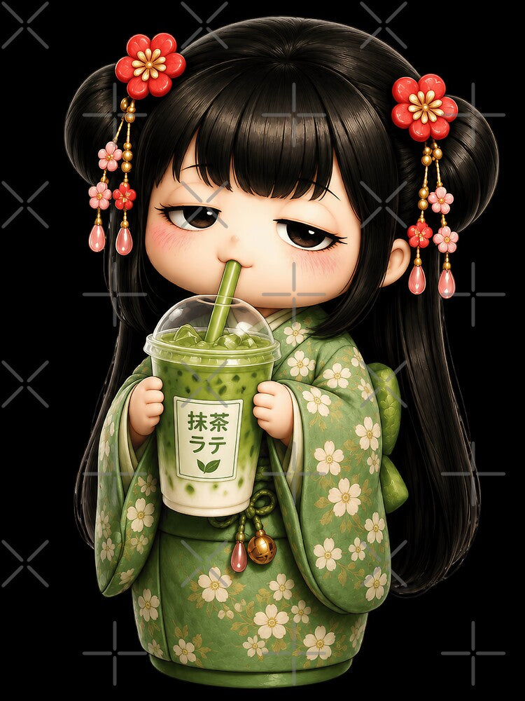Kokeshi Girl Drinking Matcha Latte | Cute Japanese Café Illustration by TheTrendsDesk