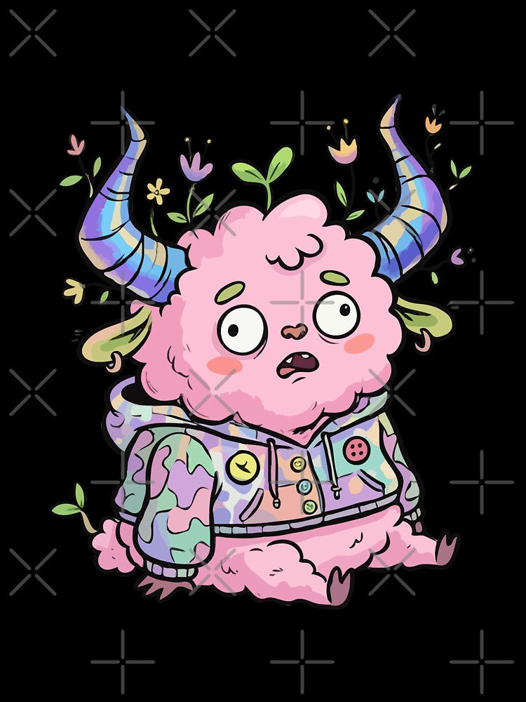 Shocked Pink Fluffy Creature with Iridescent Horns by Emegan Print Art