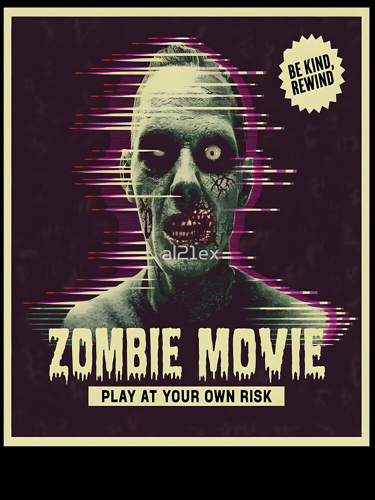 Retro Glitch Zombie Movie T-Shirt – VHS Horror Style "Play at Your Own Risk" by al21ex