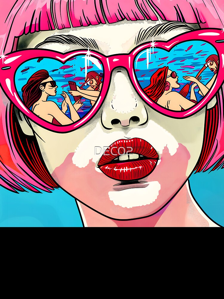 Pop Art Pink Hair Female With Heart Sunglasses by DEC02