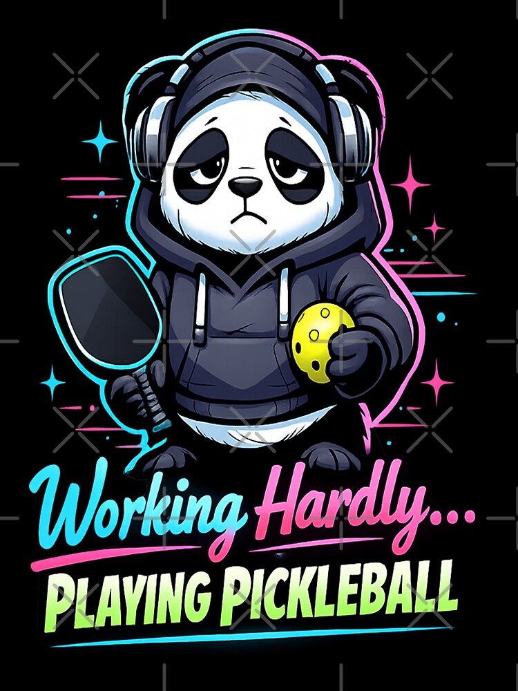 Working Hardly Playing Pickleball Panda Neon Lo-fi Art by Xemora