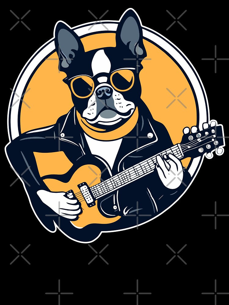 Boston Terrier Playing Guitar Wearing Sunglasses by Ameiva-Apparel