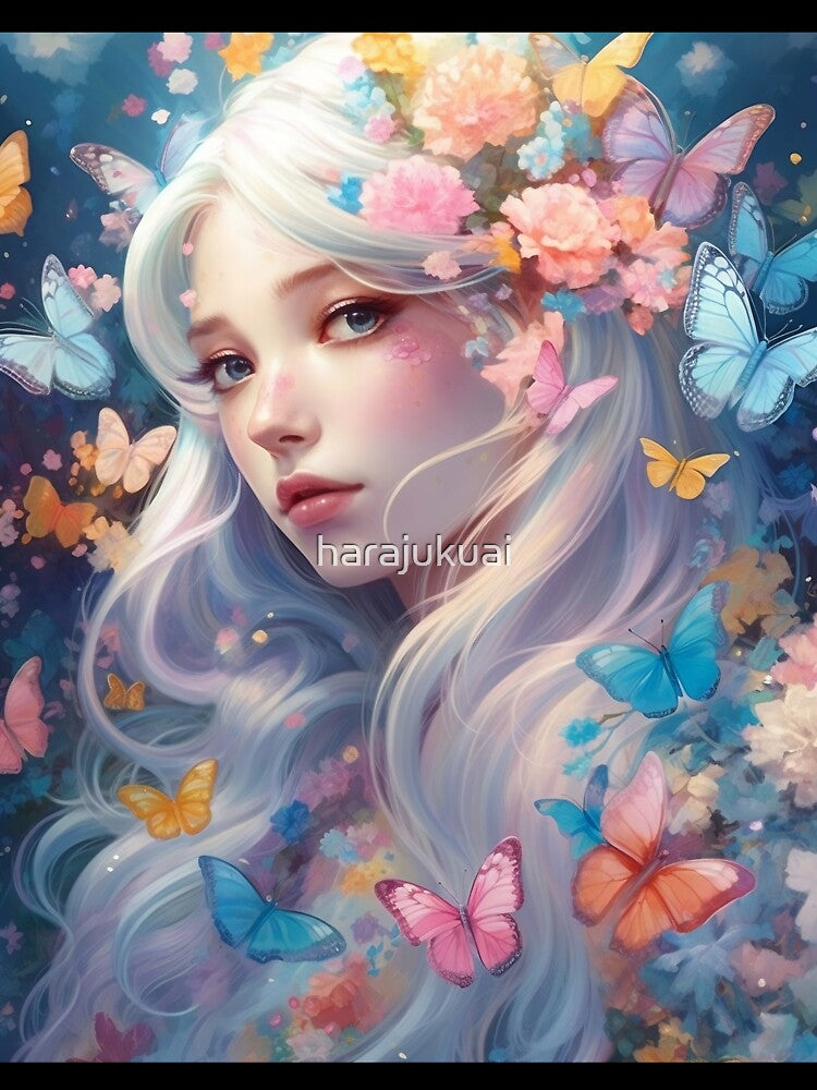 Dreamy Girl Portrait with Long White Hair and Colourful Butterflies #1 by harajukuai