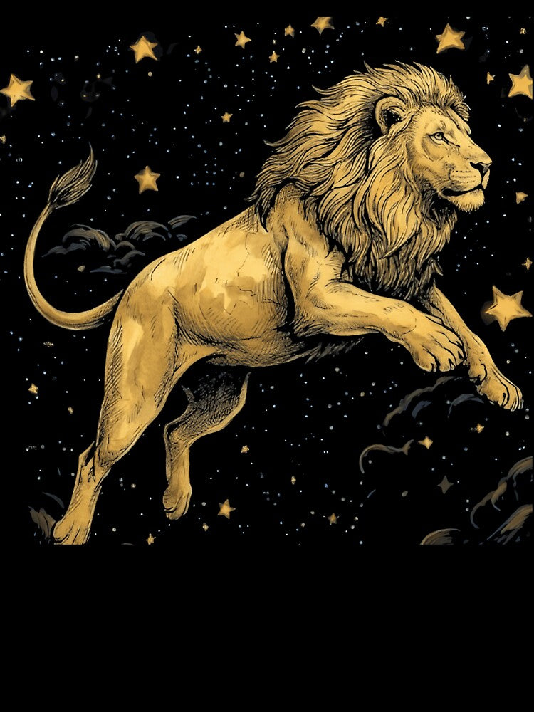 Celestial Lion Gold & Navy - Leo Zodiac Starry Night Illustration by Taha Art Designs