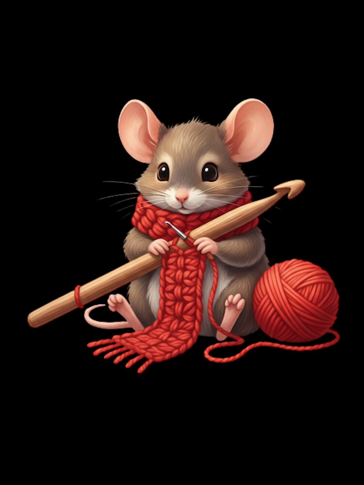 Cozy Mouse Crocheting a Red Scarf - Cute Mouse & Hobbies Series by EnlightArt