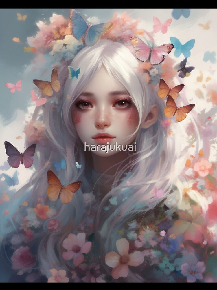 Dreamy Girl Portrait with Long White Hair and Colourful Butterflies #3 by harajukuai