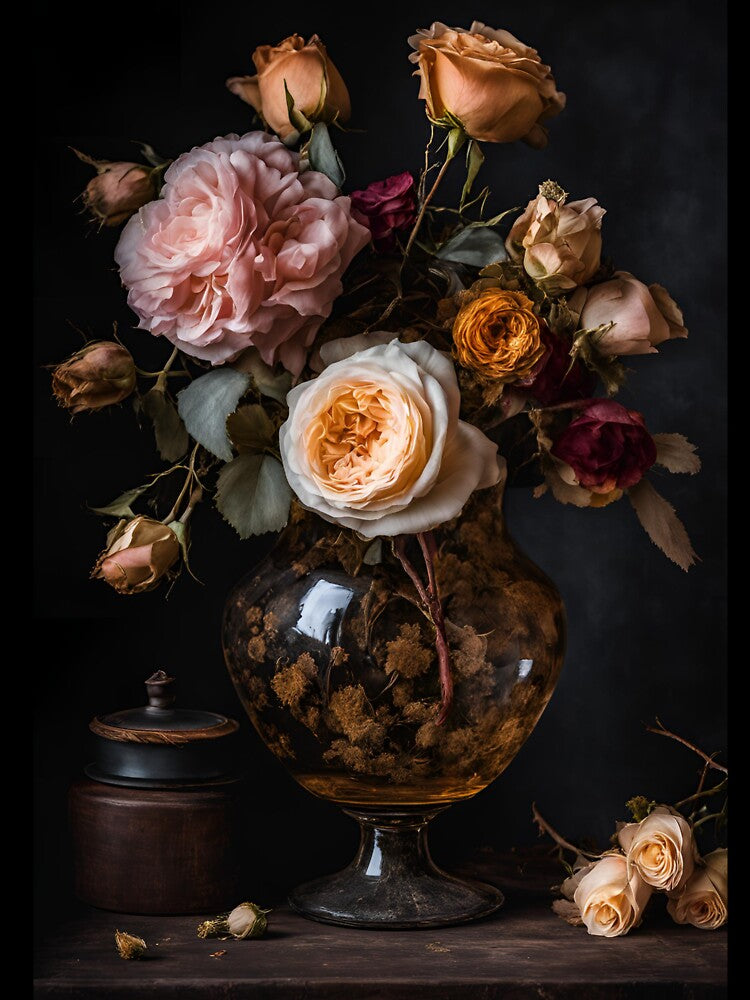 Dried Flowers in a jar pink and yellow roses - dark academia aesthetic impressionism still life paint retro vintage oil painting by Fantasy Cache