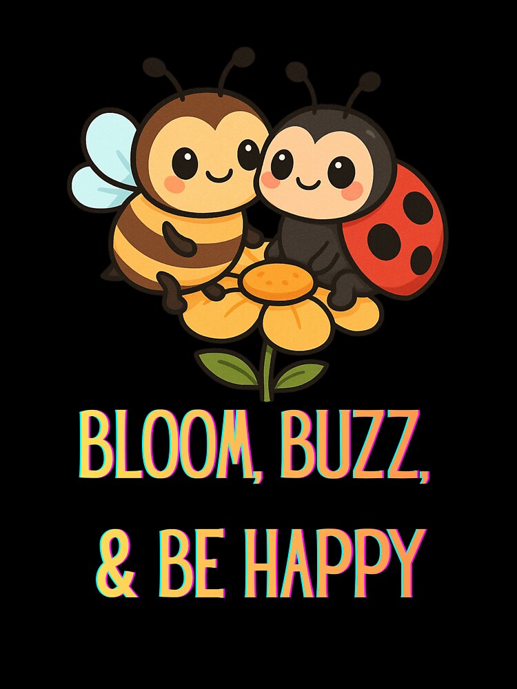 Bloom, Buzz, & Be Happy – Cute Bee and Ladybug Positive Quote Design by Painted Moon by Luna Bee™