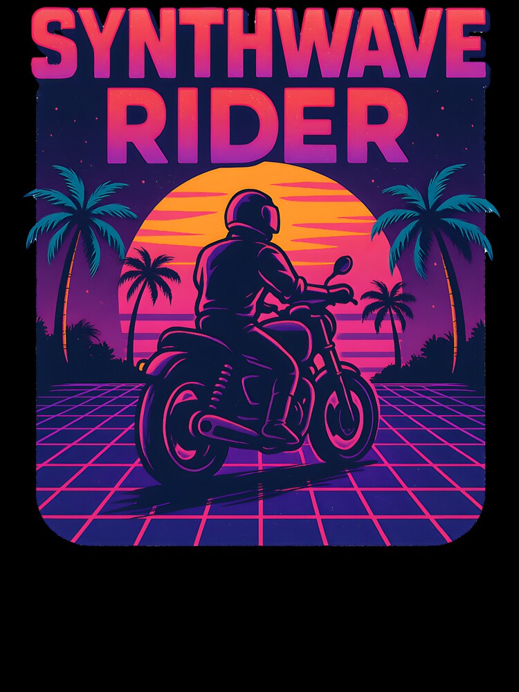 Synthwave Rider on Motorcycle with Neon Sunset and Palm Trees. by The-T-In-Retro