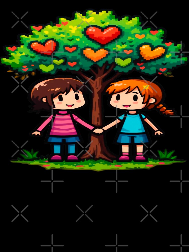 Pixel Love Friendship Under a Heart Tree with Bright Colors and Whimsical Style by KreaDesignOne