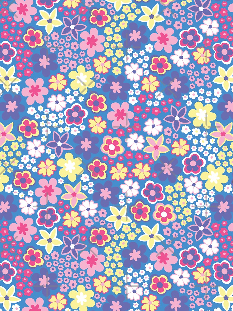 Blue Pastel 60s retro flower power, purple, pink, pastel yellow, 60s groovy pattern, hippie flowers by blomastudios