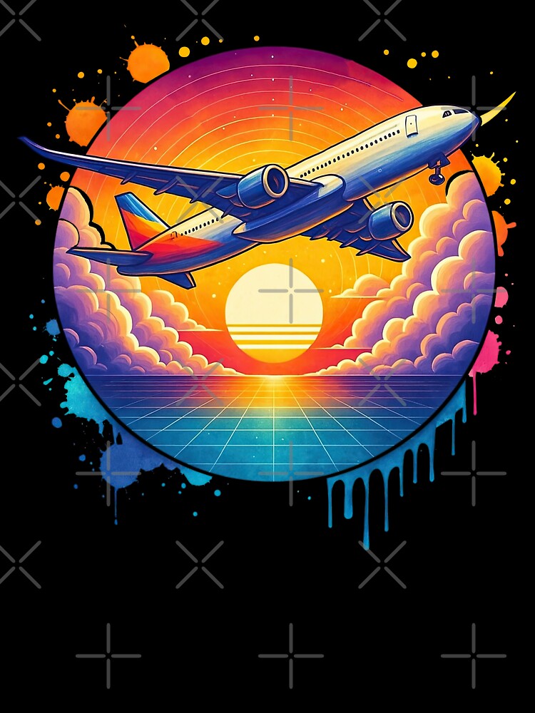 Retro Sunset Jetliner with Neon Clouds and Grid by ArtfulWeave