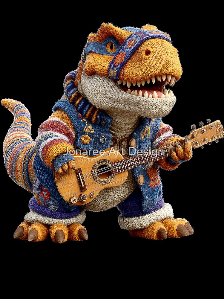 Cozy Musical Dinosaur with Guitar in Knitted Outfit by Jonaree Art Design