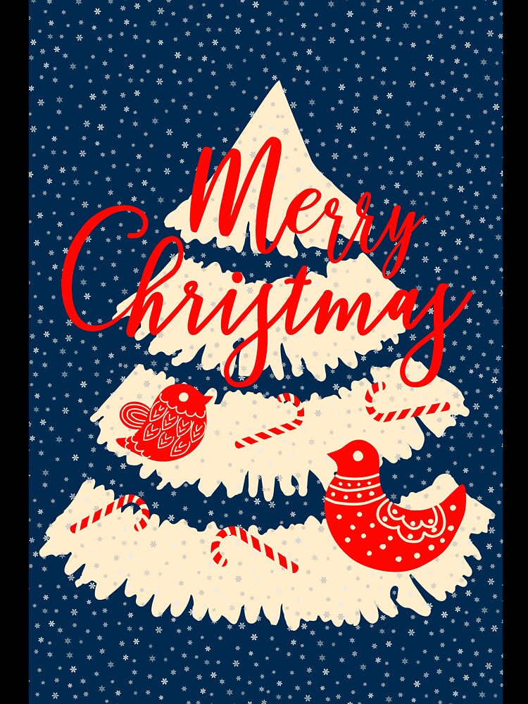 Hand drawn merry christmas happy holiday vector card with a christmas tree, ethnic birds and candy canes by Familyshmot