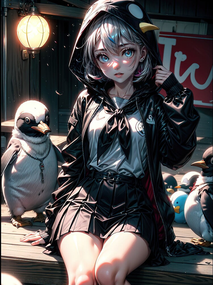 Gothic anime girl with penguins portrait art by TheArtistOf2022