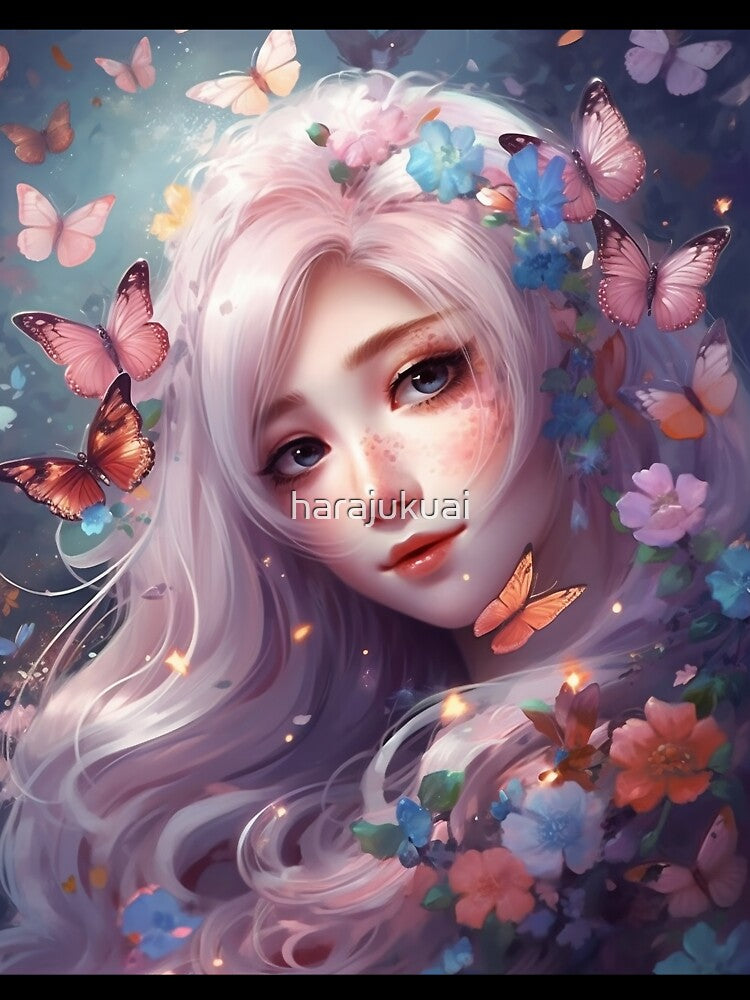 Dreamy Girl Portrait with Long White Hair and Colourful Butterflies #4 by harajukuai