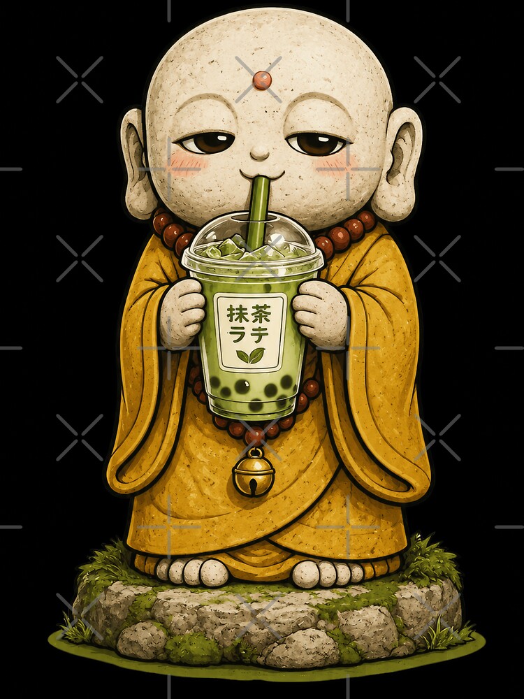 Jizō Drinking Matcha Bubble Tea | Japanese Guardian Statue Café Art by TheTrendsDesk